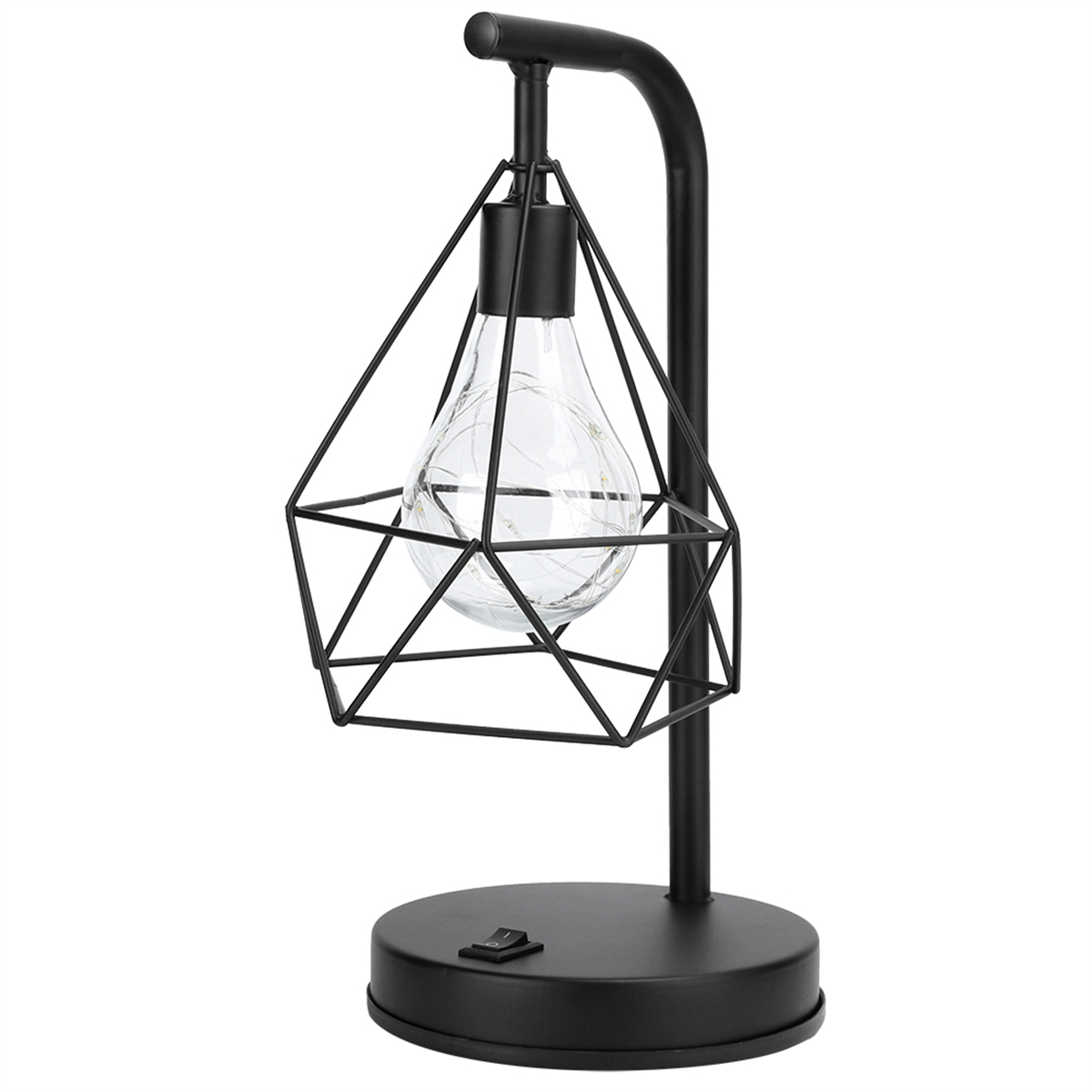 Schwarze Metalllampe mit Drahtkäfig um eine Glühbirne und einem Schalter.