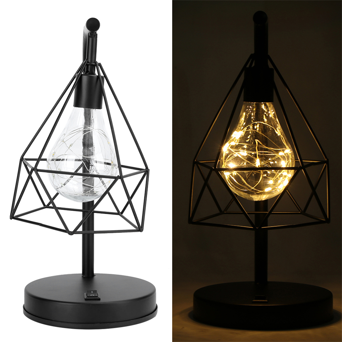 Schwarze Metallkäfiglampe. Diamantenform mit Glühbirne innen. Ein/Aus-Schalter am Sockel. Beleuchtete und unbeleuchtete Versionen.