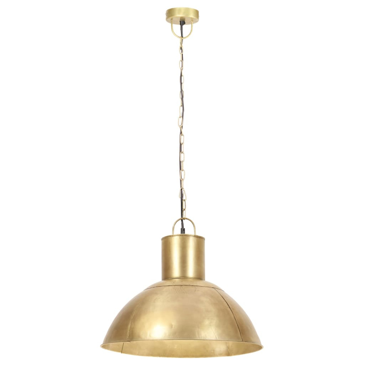 Eine goldfarbene Pendelleuchte, die an einer Kette hängt. Sie hat eine kuppelförmige Form und ein schlichtes Design.