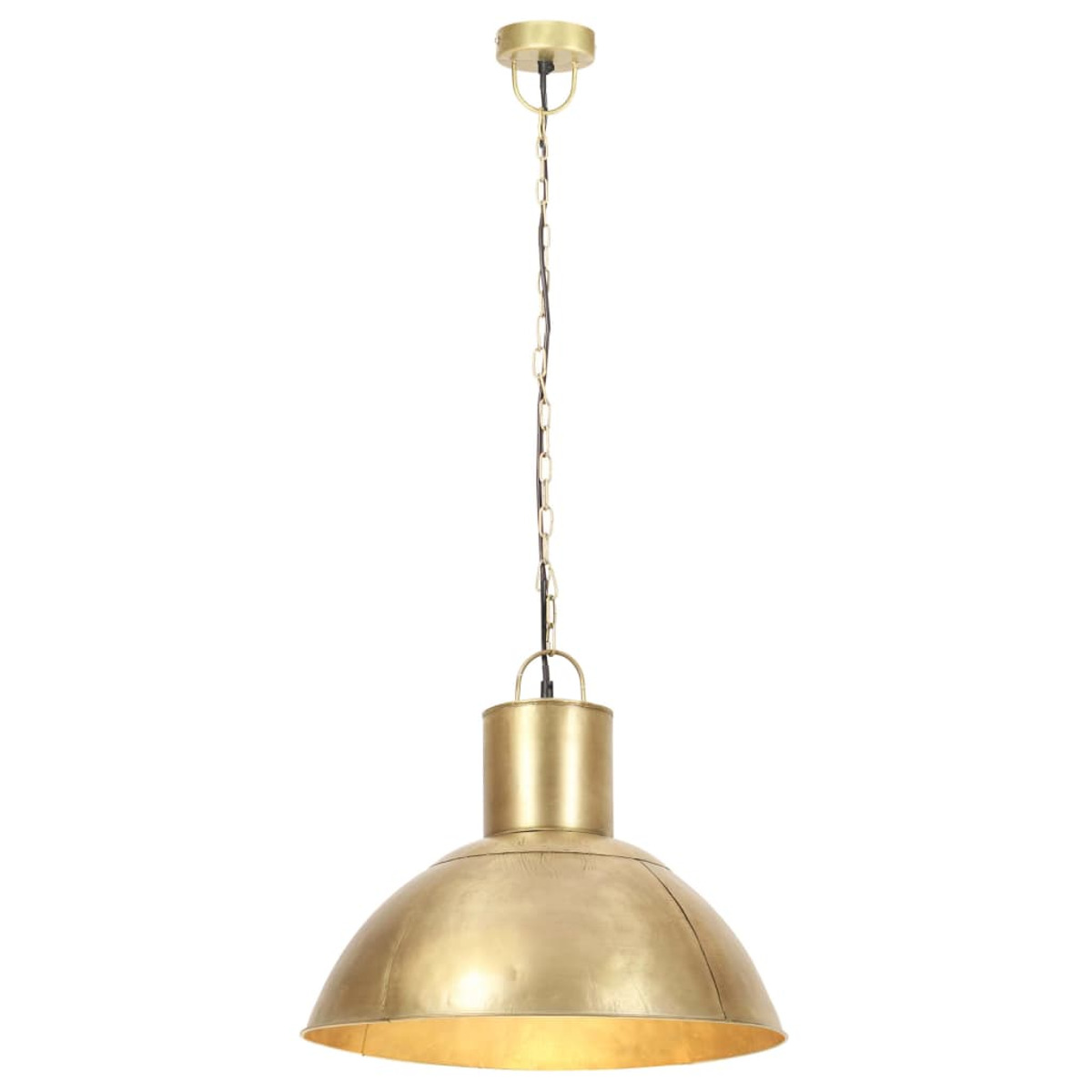Goldfarbene Hängeleuchte mit Kette und kuppelförmigem Schirm.