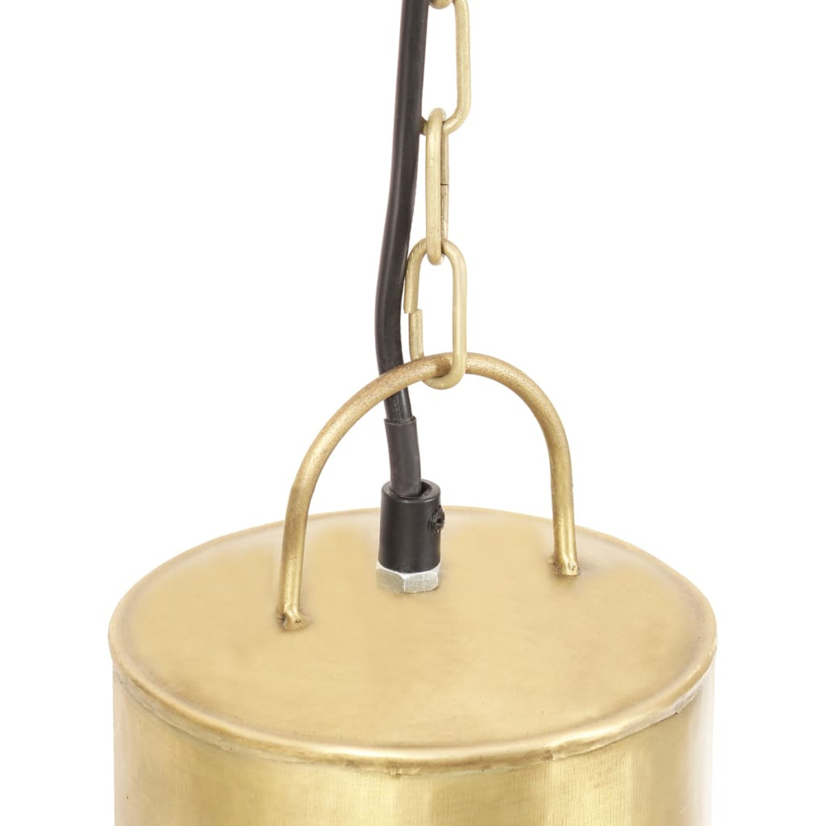 Nahaufnahme einer goldenen zylindrischen Lampe mit schwarzem Kabel und Kette.