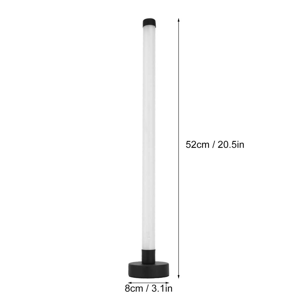 Weißes und schwarzes LED-Röhrenlicht. 52 cm hoch, 8 cm Basis. Abmessungen sind beschriftet. Schwarze Oberseite und Basis.