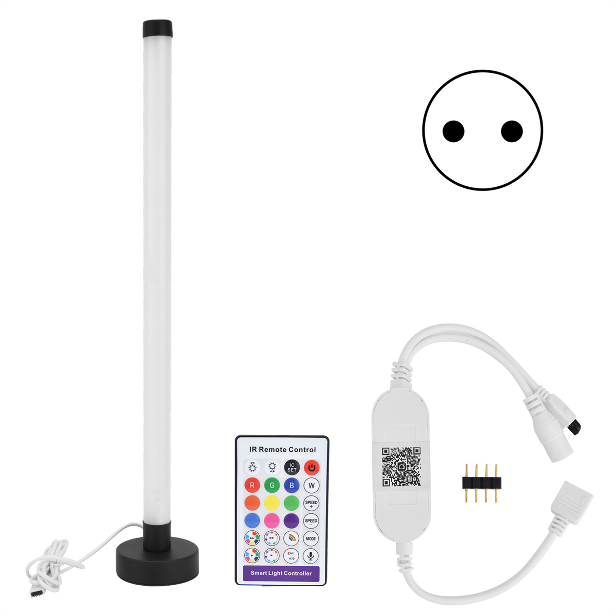 Hohe weiße LED-Lichtleiste mit Fernbedienung und Stecker, auf weißem Hintergrund.