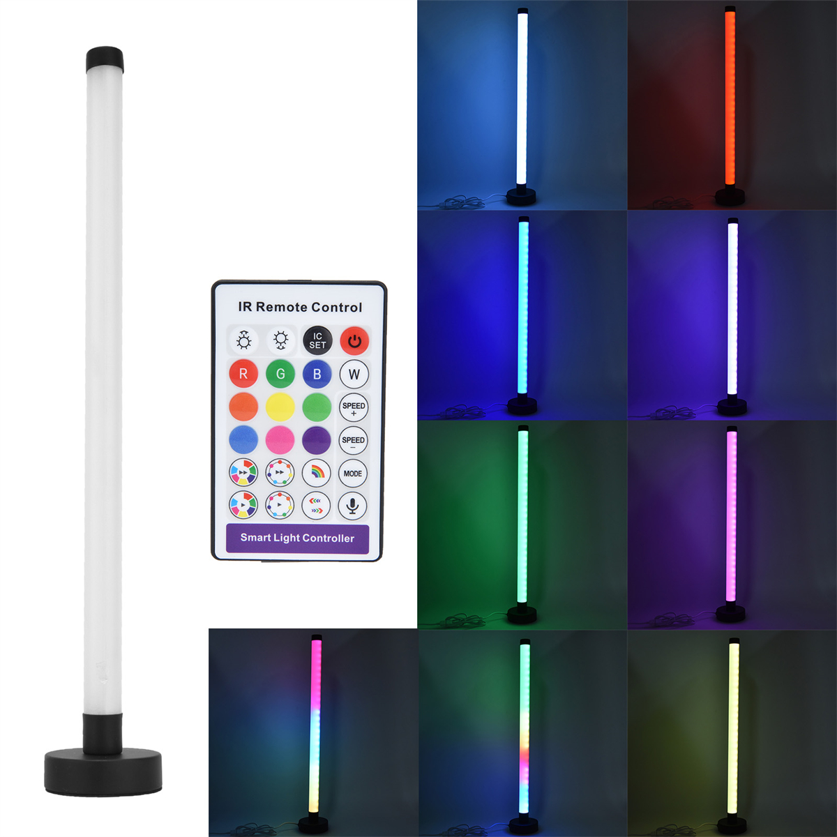 Eine lange LED-Leuchte mit Fernbedienung, die Farben wechselt. Neun verschiedene Farbschemata werden gezeigt.