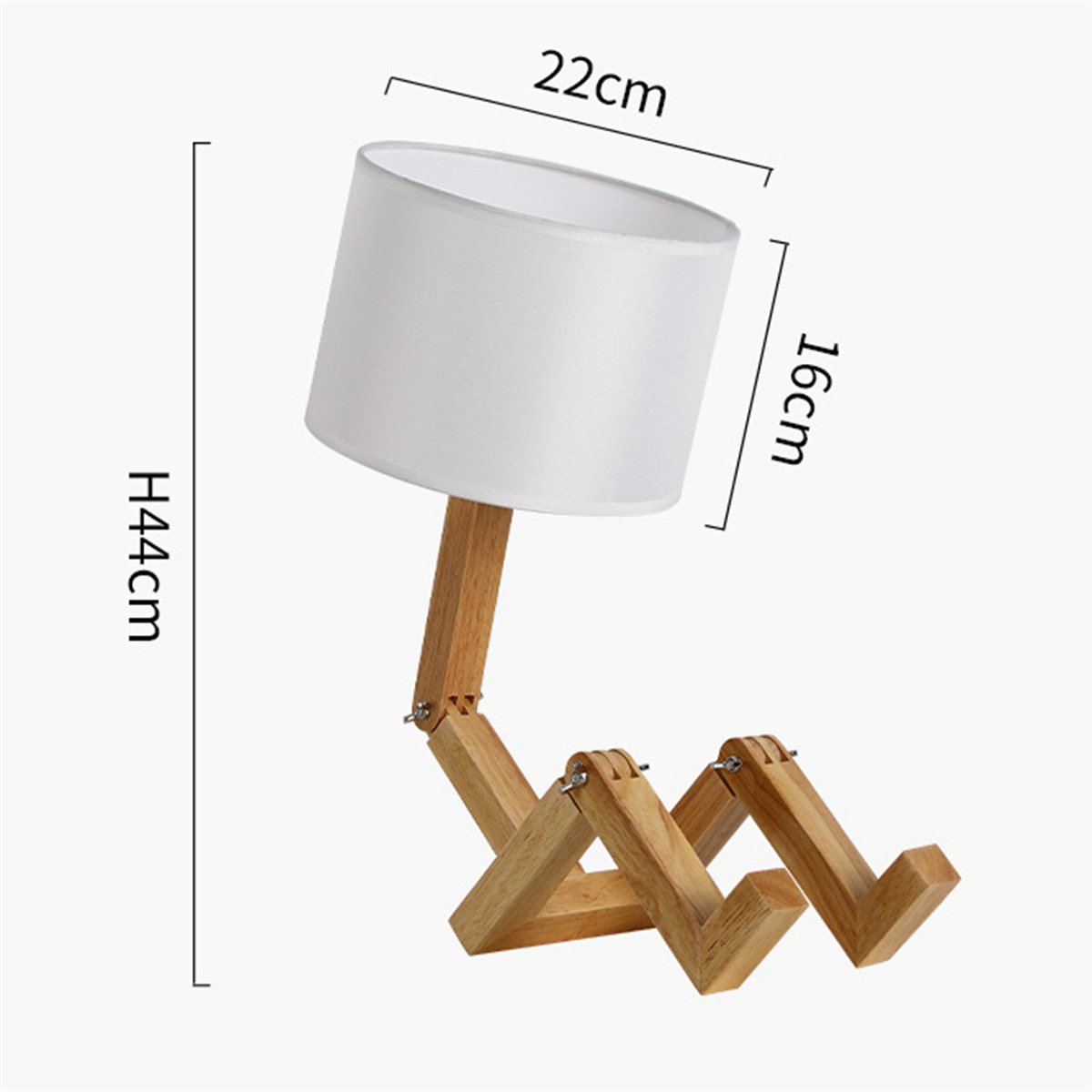 Holz-Schreibtischlampe in menschenähnlicher Pose, mit Maßangaben für Höhe und Breite.