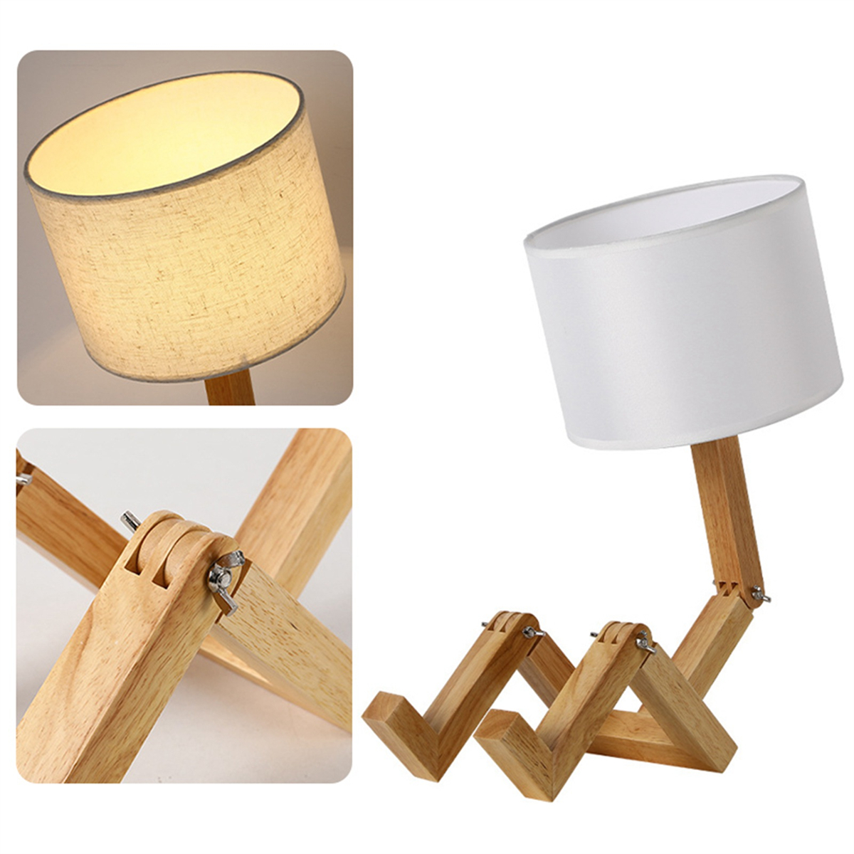 Eine einzigartige Holzlampe mit weißem Lampenschirm. Es werden mehrere Ansichten angezeigt.