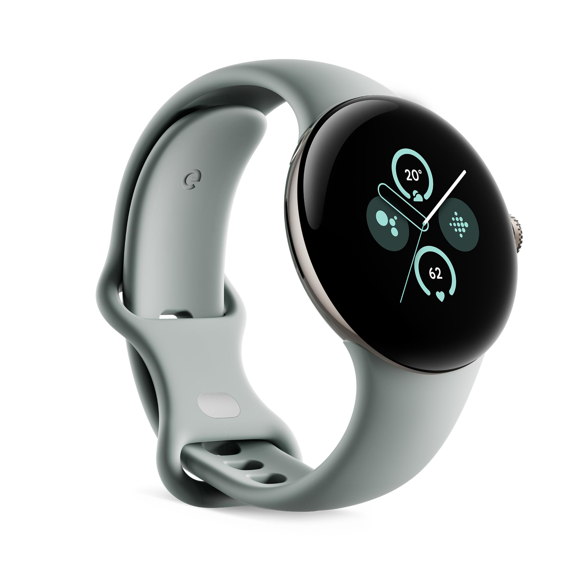 Szary smartwatch z okrągłym ekranem pokazującym czas i statystyki, jasnoszary pasek, na białym tle.