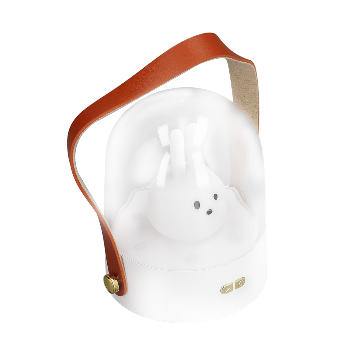 Eine weiße Lampe mit einem Hasen und einem braunen Griff.