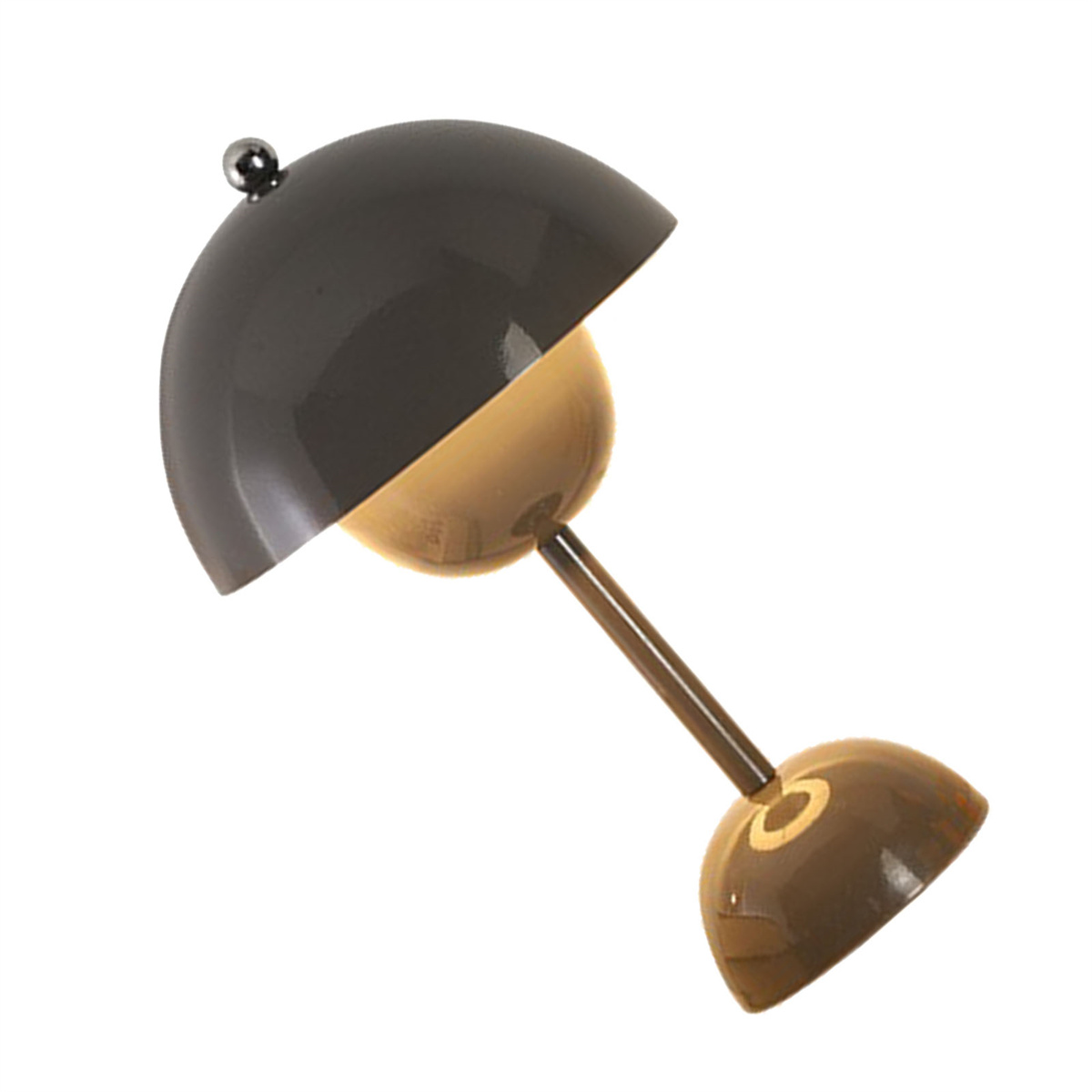 Eine moderne Schreibtischlampe mit dunkelgrauer Kuppel und beigefarbenem Unterteil, vor weißem Hintergrund.
