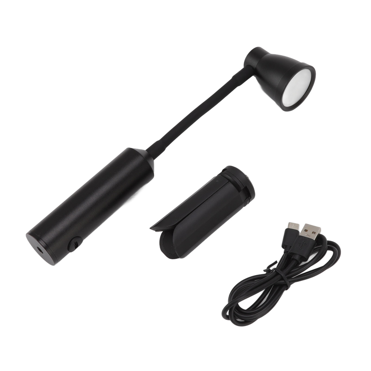 Schwarze Leselampe, USB-Kabel. Sie hat einen flexiblen Arm, und die Basis ist abgenommen.