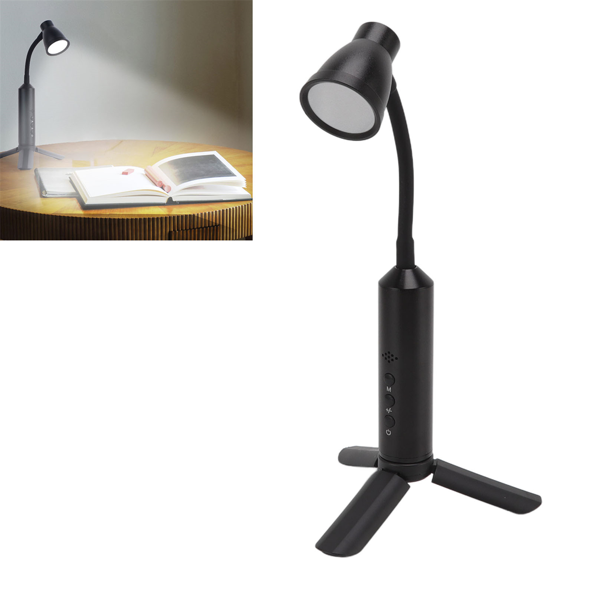 Schwarze Schreibtischlampe mit flexiblem Hals und kleinem Stativfuß. Buch und Licht im Hintergrund.