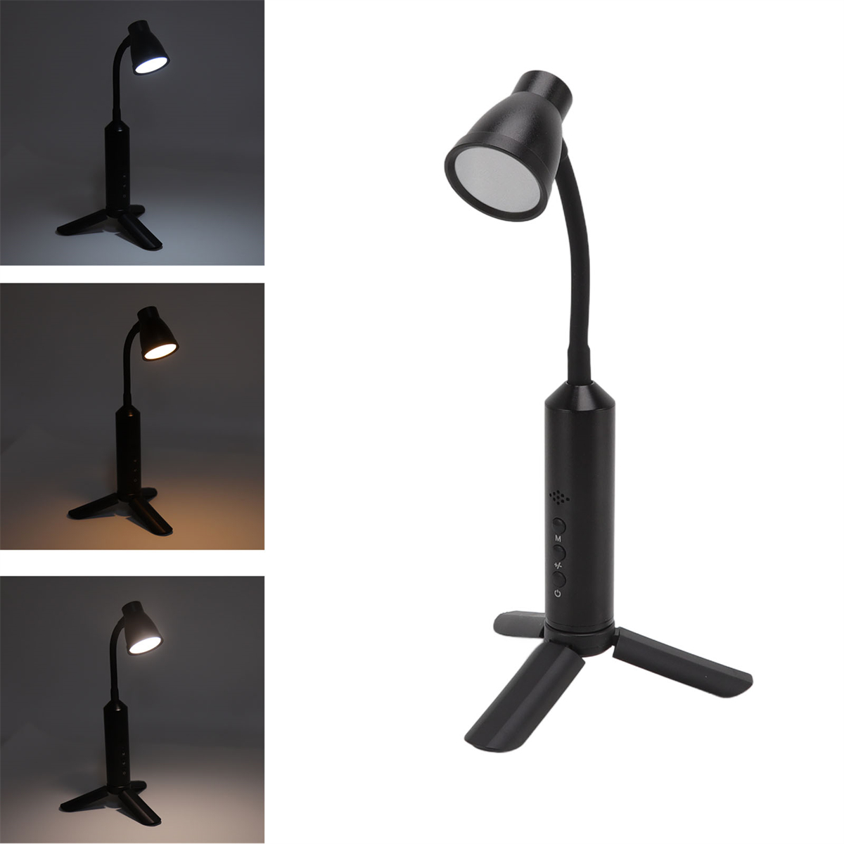 Schwarze Schreibtischlampe mit Stativfuß. Die Lampe hat einen flexiblen Hals und eine LED-Leuchte.