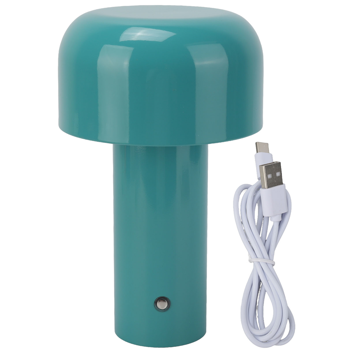 Eine teal-farbene pilzförmige Lampe mit einem weißen USB-Kabel daneben.