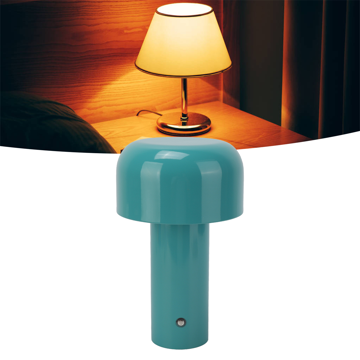 Eine blaue Lampe auf weißer Oberfläche. Eine Lampe im Hintergrund. Der Hintergrund ist ein Nachttisch.