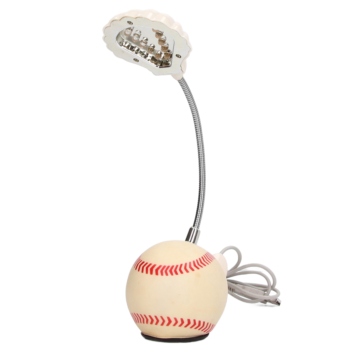 Baseball-förmige Lampe mit roten Nähten und flexiblem Hals. Oben ein weißes LED-Licht.