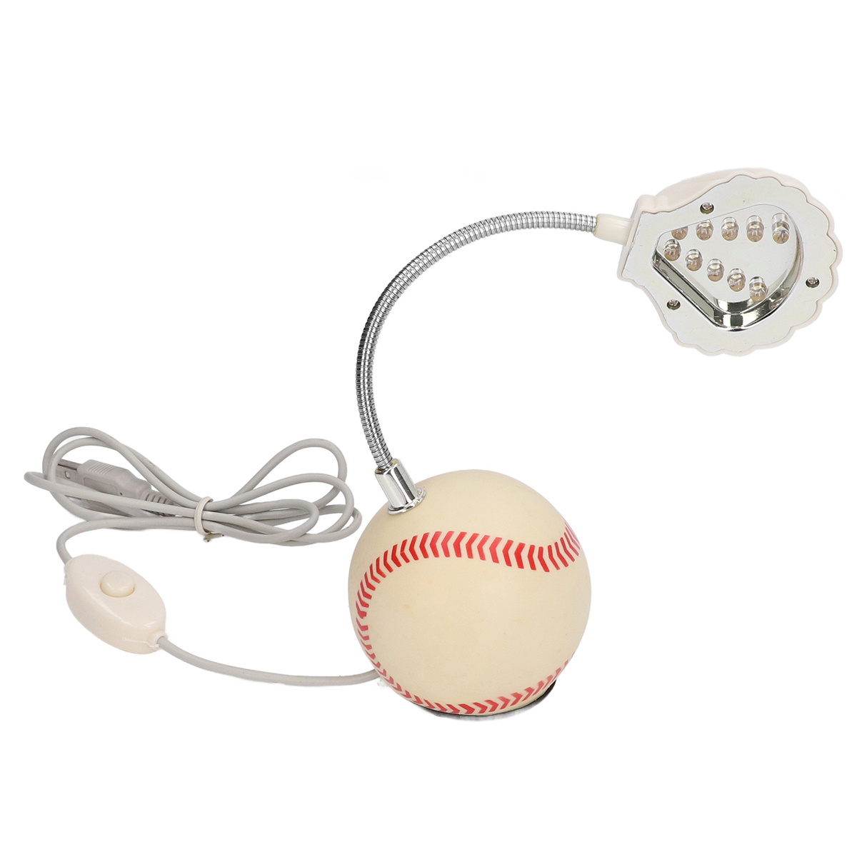 Eine baseballförmige Lampe mit flexiblem Hals und weißer Leuchte.