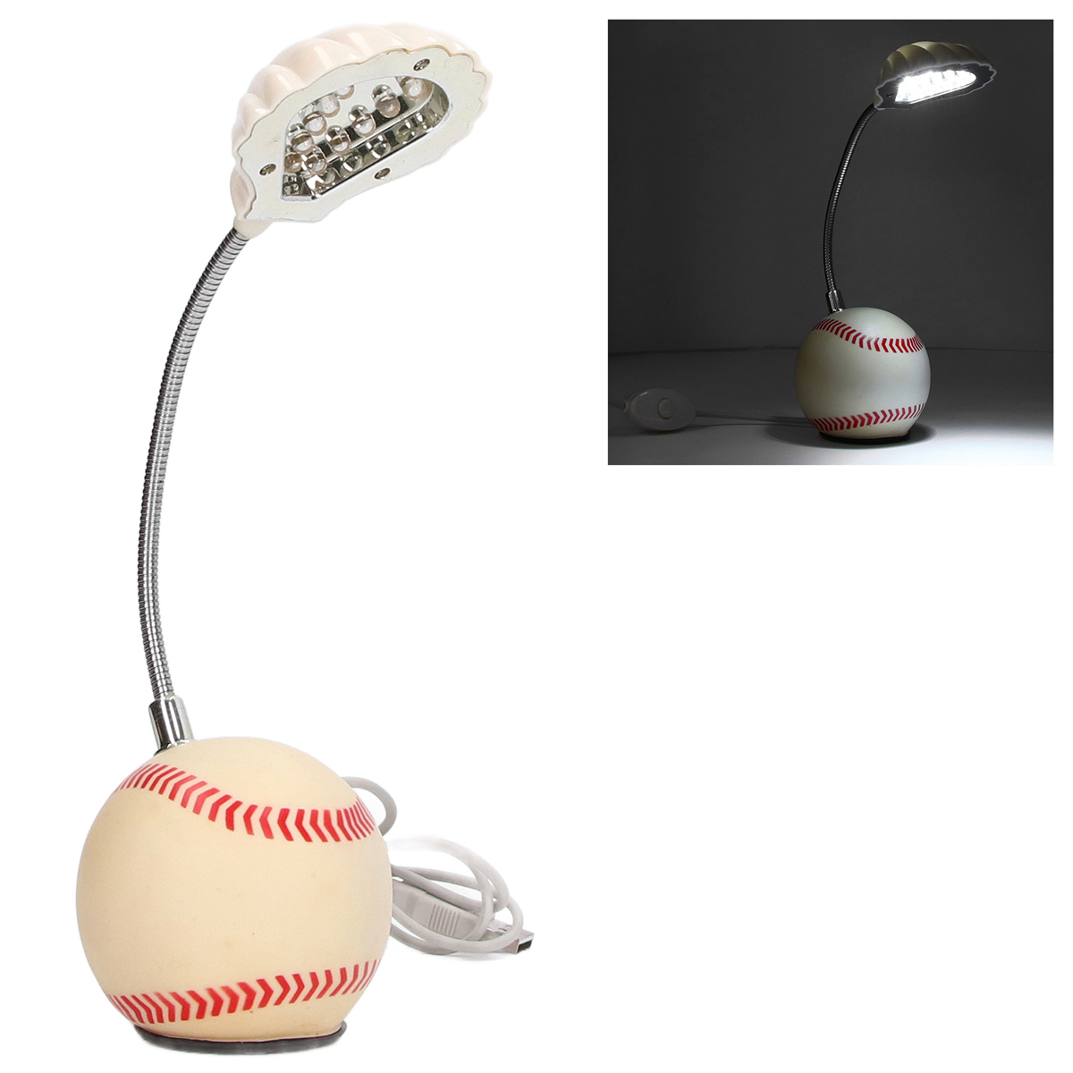 Baseball-förmige Lampe mit flexiblem Hals. Die Lampe hat einen weißen Sockel. Weißer Hintergrund.