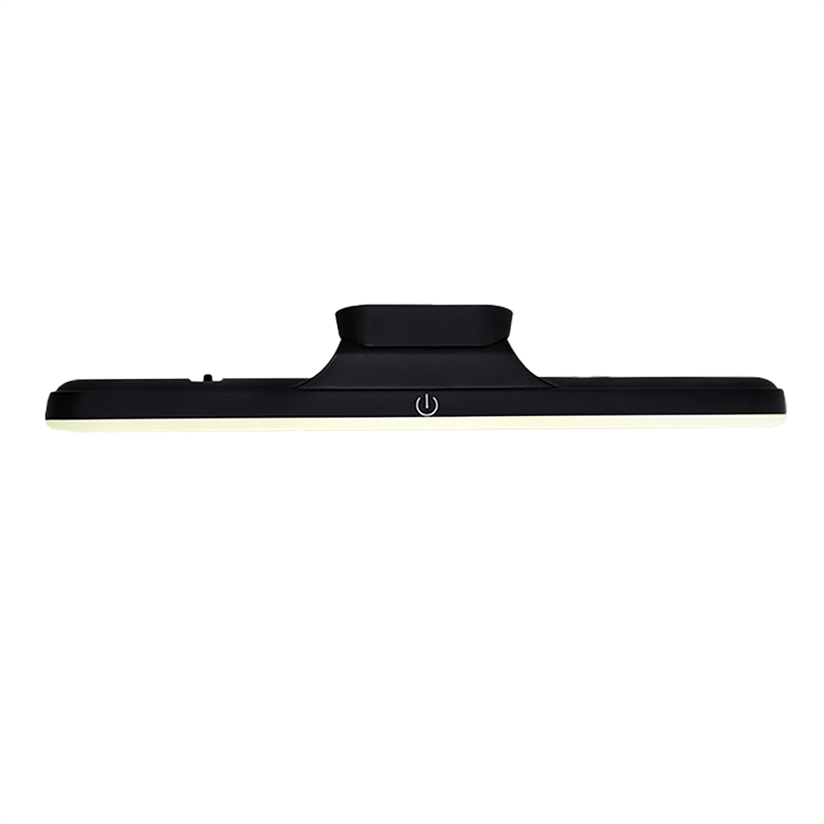 Eine schwarze LED-Lichtleiste mit Ein-/Aus-Taste, von unten betrachtet.