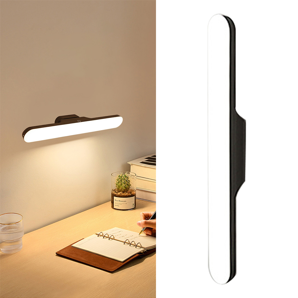 Schreibtisch mit Lampe, Person beim Schreiben und Pflanze.