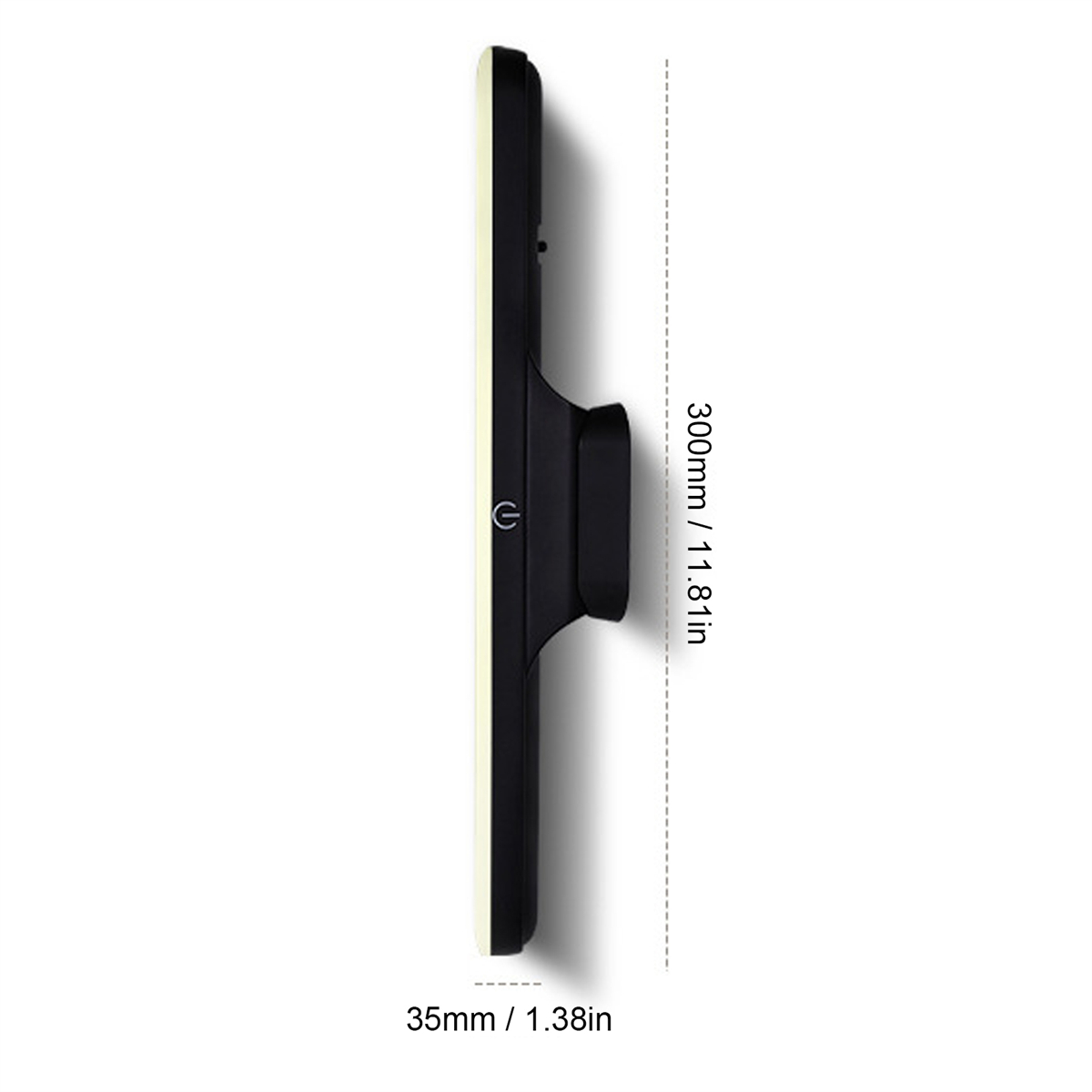 Schwarze LED-Leiste, 300 mm lang, mit Ein-/Aus-Taste und Maßen in mm und Zoll.