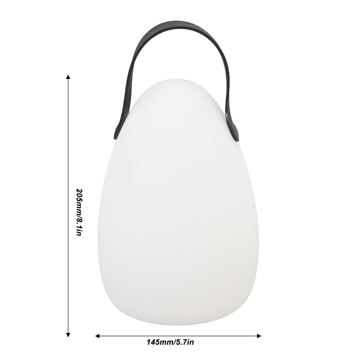 Eine eiförmige weiße Laterne mit schwarzem Griff, Abmessungen 205 mm/8,1 Zoll x 145 mm/5,7 Zoll.