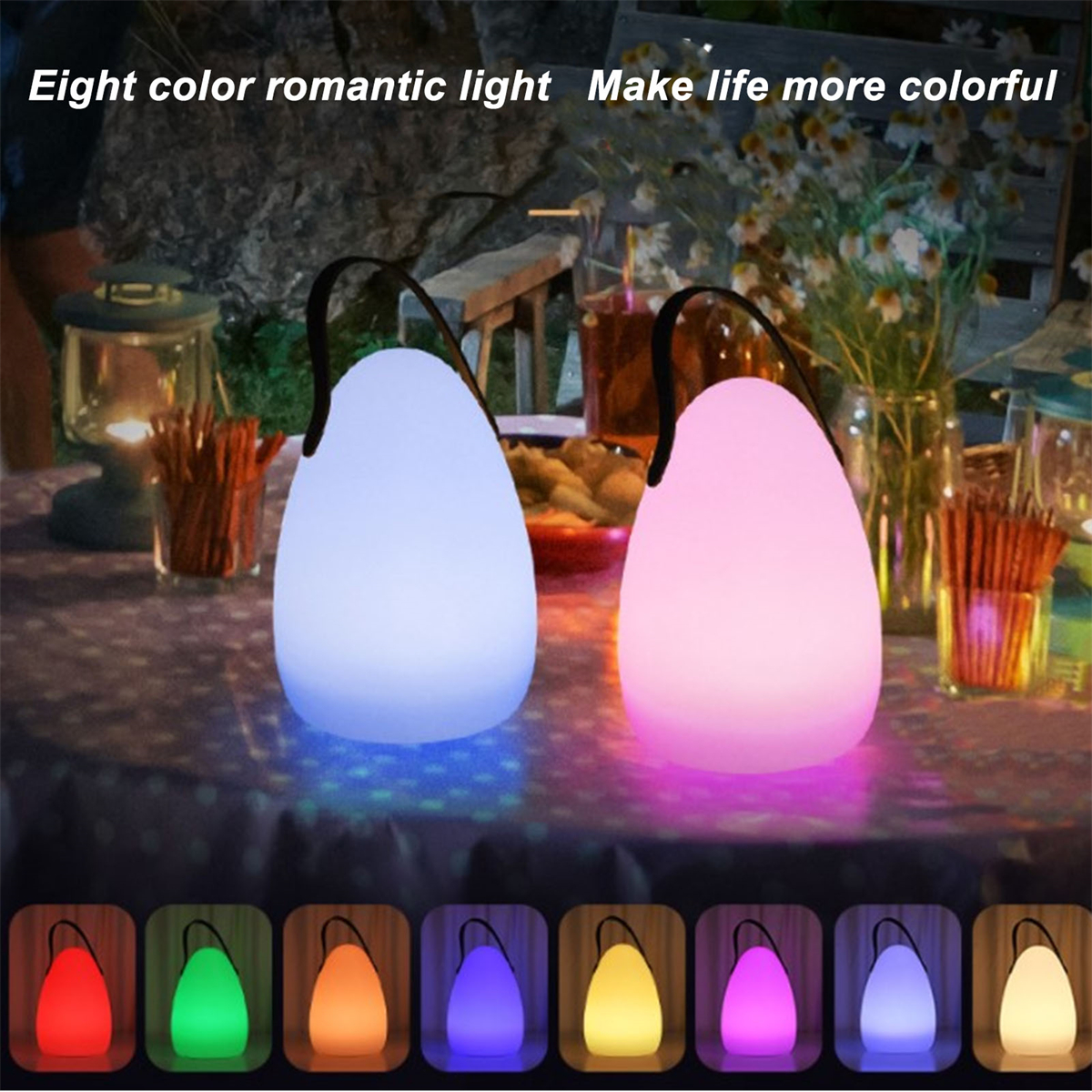 Zwei leuchtende eiförmige Lichter in verschiedenen Farben, mit einer Reihe von Farboptionen.