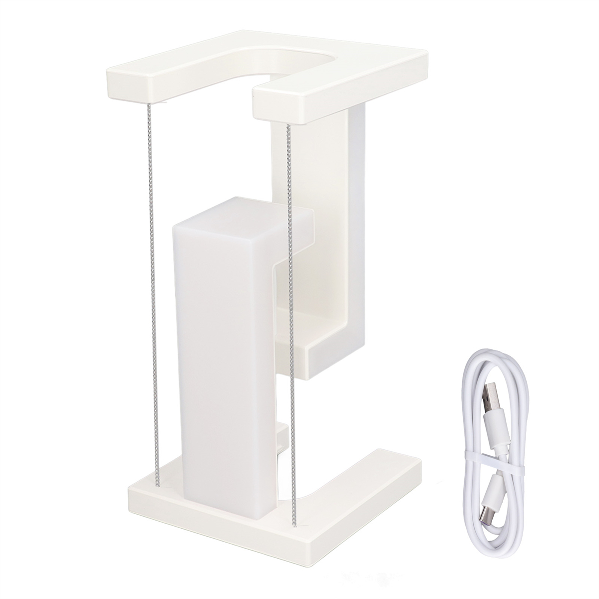 Eine weiße LED-Lampe mit einzigartigem U-förmigem Design, mit einem Kabel daneben.