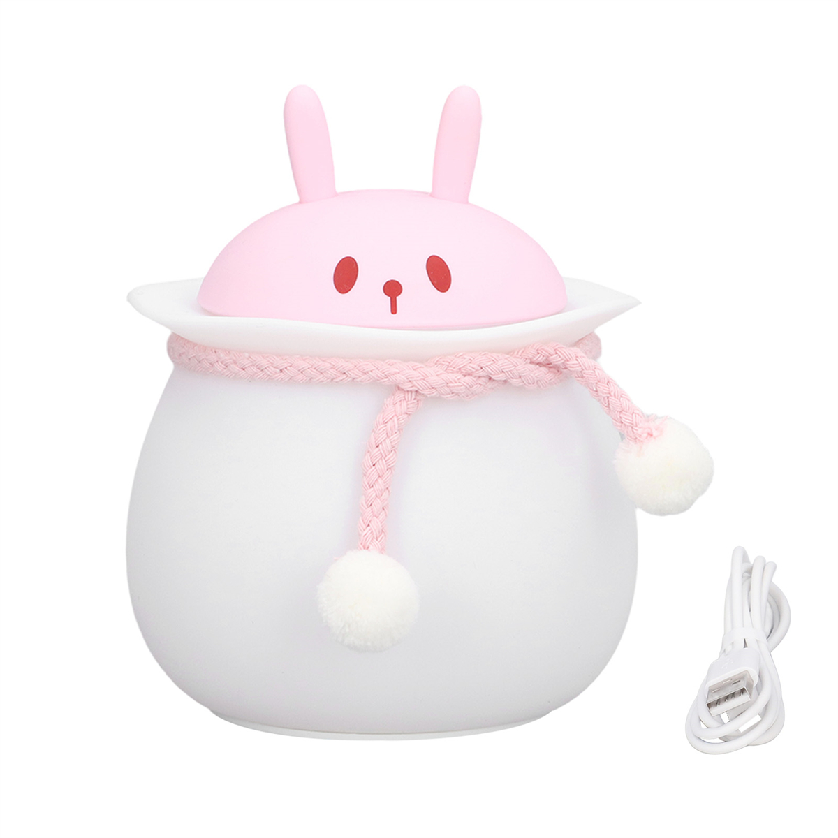 Hasenförmiges Nachtlicht. Rosa Hasenohren und Gesicht. Geflochtenes rosa Seil. Weiße Basis. USB-Kabel.