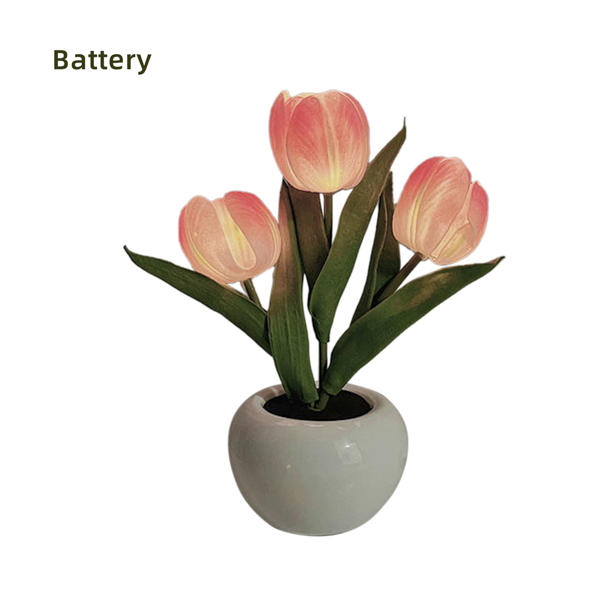 Drei rosa Tulpen in einer weißen Vase. Grüne Blätter. Weißer Hintergrund, klar beleuchtet.
