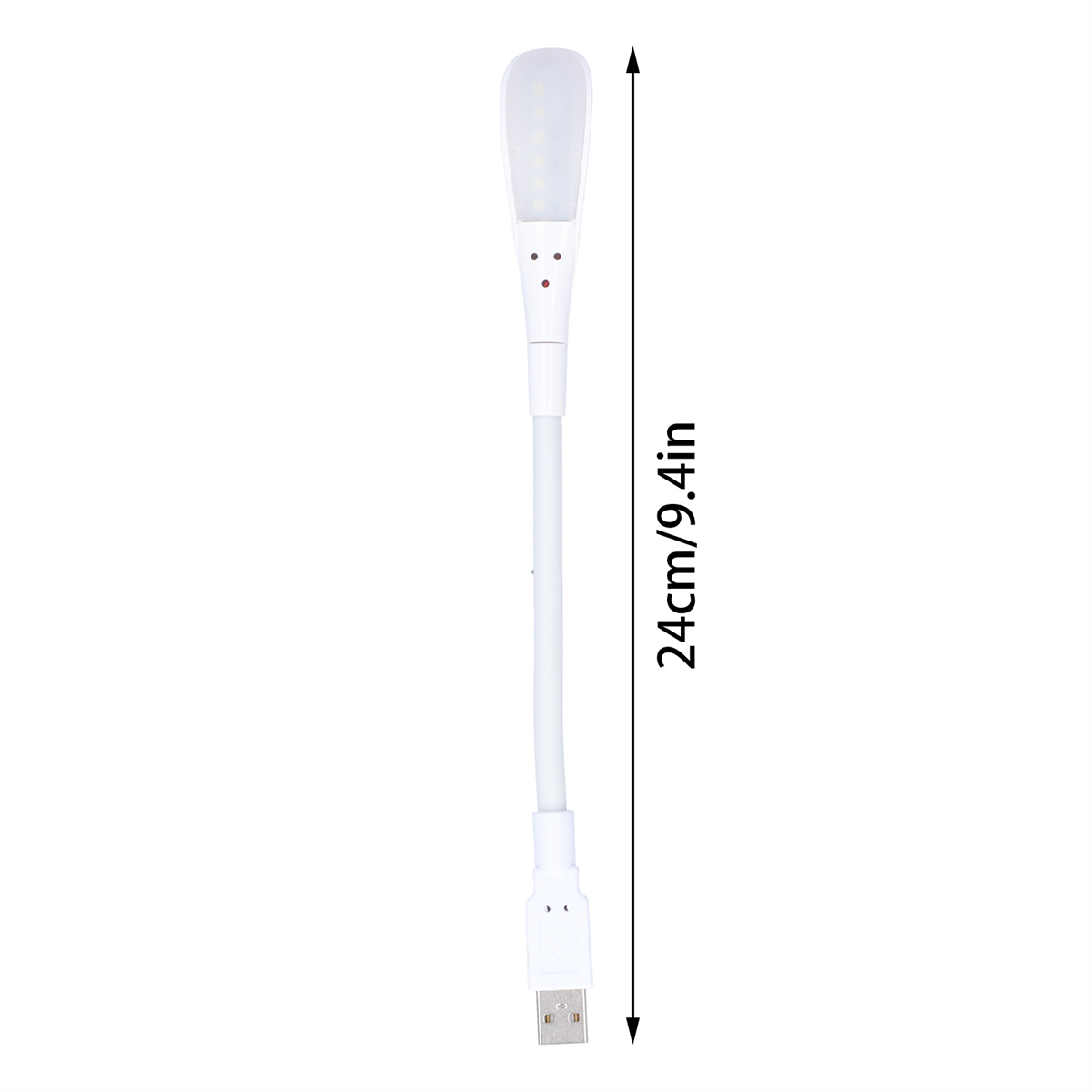 Weiße USB-LED-Lampe. Sie ist 24 cm/9,4 Zoll lang. Weißer Hintergrund.