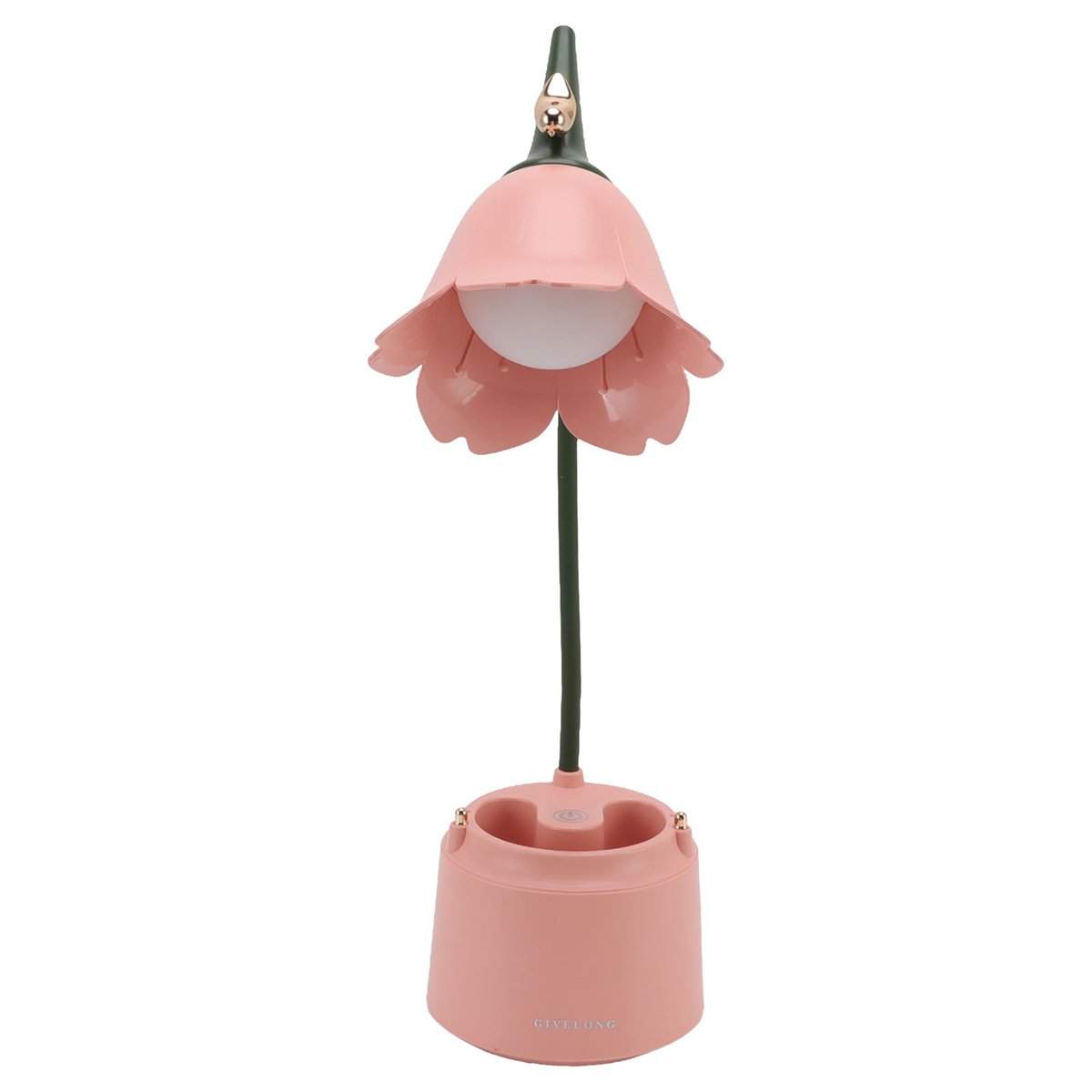 Rosa blütenförmige Lampe. Die Lampe hat einen rosa Sockel mit einem kleinen Pflanzgefäß. Grüner Stiel und weißes Licht.