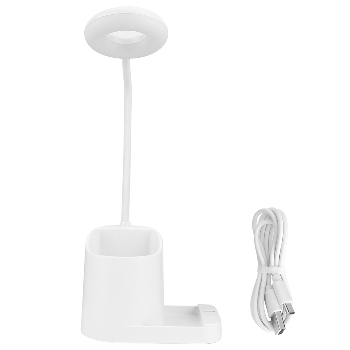 Eine weiße Schreibtischlampe mit kreisförmigem Leuchtkopf und flexiblem Hals. Am Fuß befindet sich ein Stifthalter.