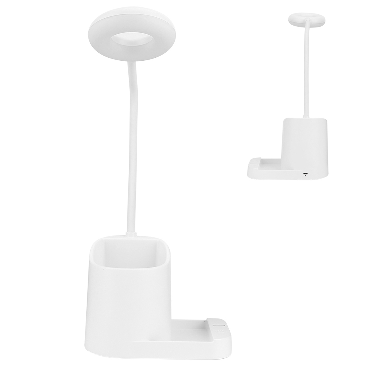 Eine weiße Schreibtischlampe mit Stifthalter. Die Lampe ist flexibel. Rechts ist eine zweite Lampe.