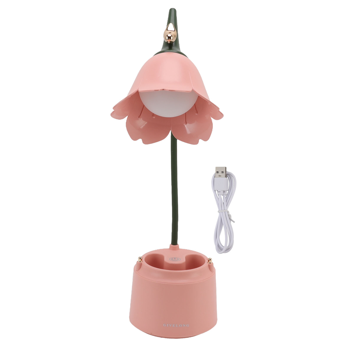 Rosafarbene blütenförmige Lampe mit langem grünen Stiel. Ein USB-Kabel und ein Sockel sind abgebildet.