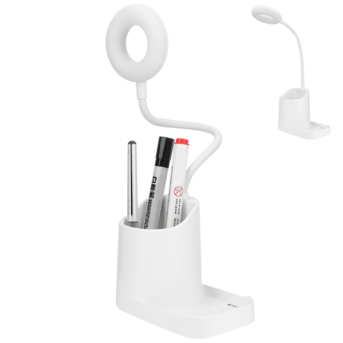 Weißer Schreibtischorganizer mit Stifthalter und flexibler Lampe. Stifte sind im Halter.