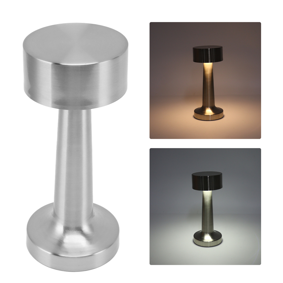 Silberne Tischlampe mit rundem Kopf und Fuß. Zwei weitere Bilder zeigen Lichtemission.