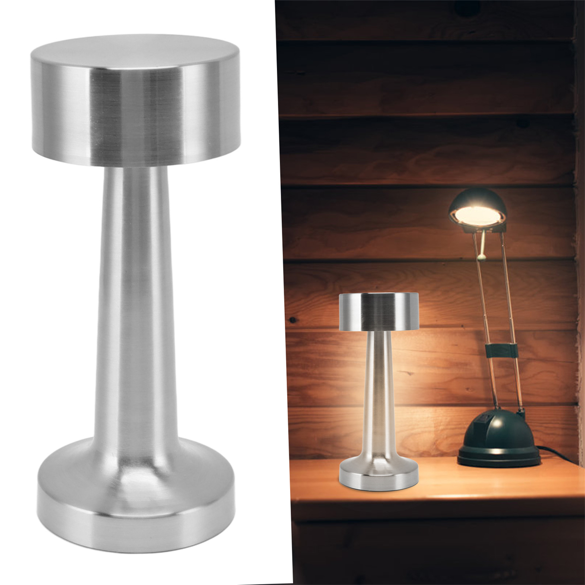 Eine silberne metallische Tischlampe. Sie hat eine kreisförmige Ober- und Unterseite mit einem zylindrischen Schaft.