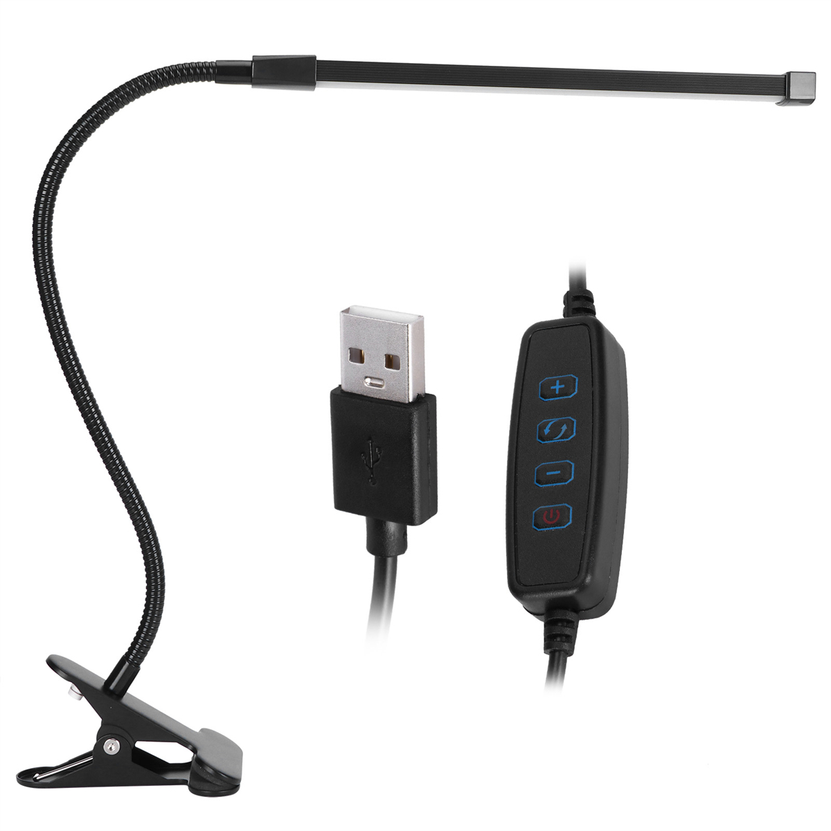 Schwarze flexible Lampe mit USB-Kabel und Bedienfeld. Die Lampe ist an einem Clip befestigt.