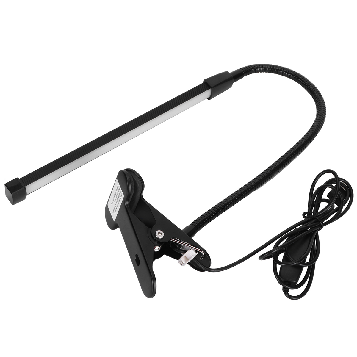 Eine flexible schwarze Lampe mit Clipfuß und langem leuchtenden Abschnitt.