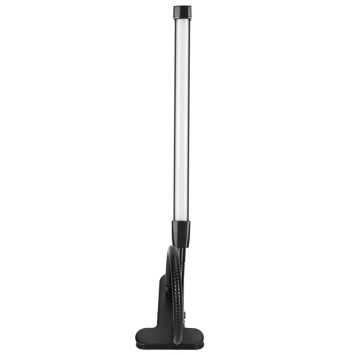 Eine schwarze Lampe mit einem langen, dünnen, weißen LED-Licht und einem flexiblen Schwanenhals. Sie steht auf einem schwarzen Sockel.
