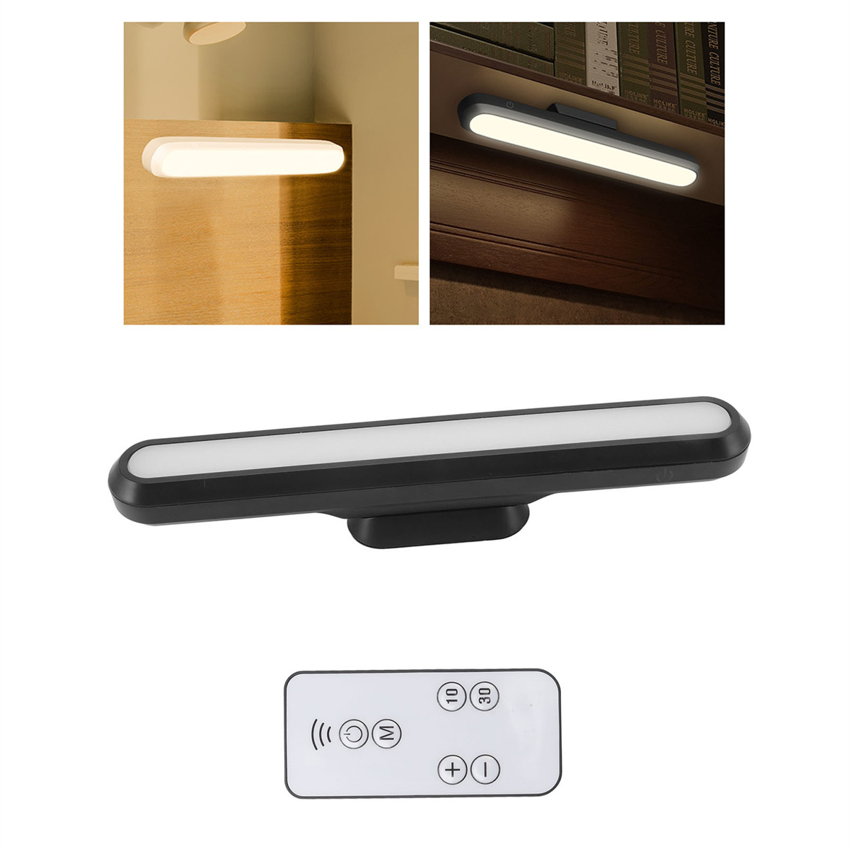 Drei Bilder, die eine schwarze LED-Lichtleiste an Regalen und eine Fernbedienung zeigen.
