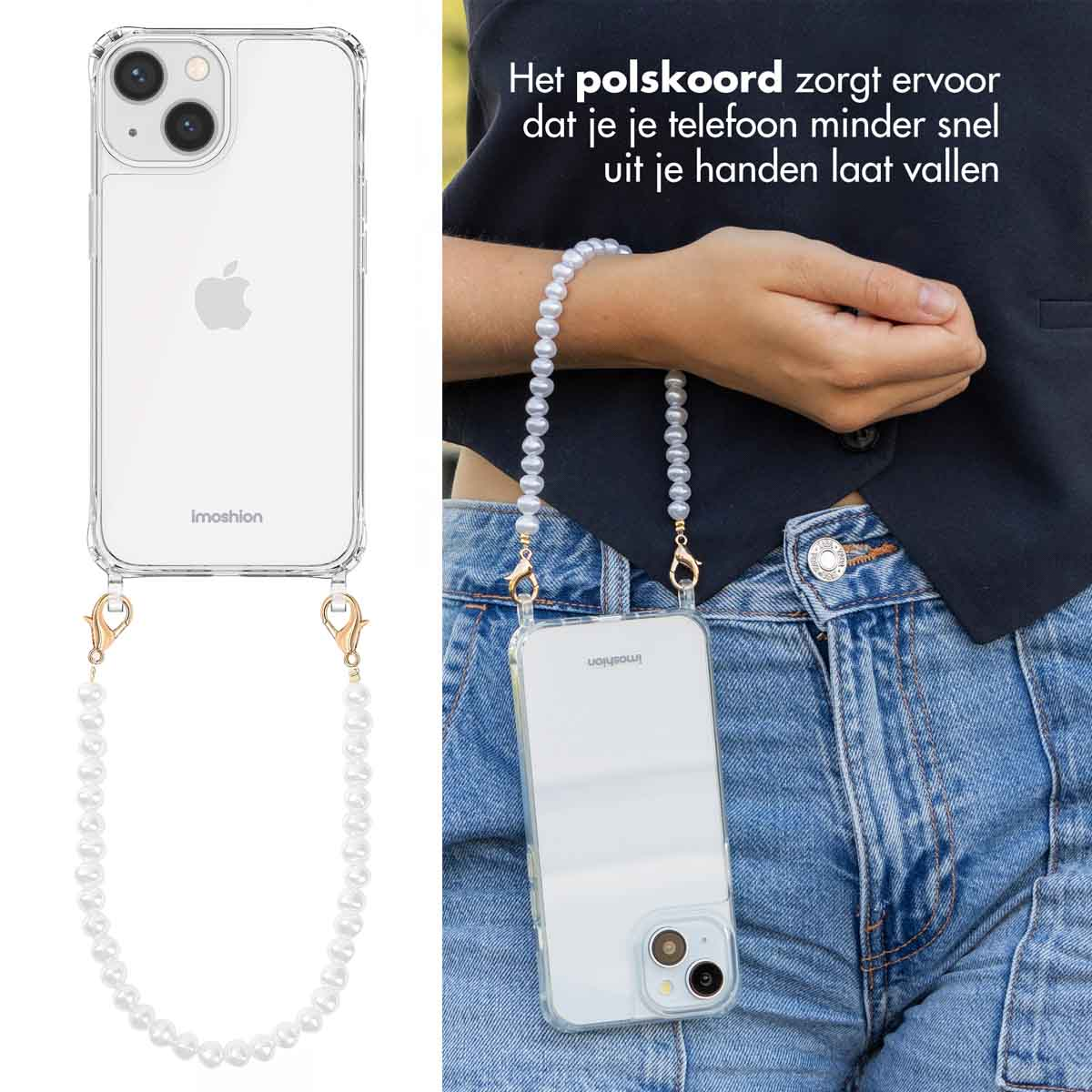 iPhone in een doorzichtige hoes, bevestigd aan een parelketting-achtige telefoonriem.