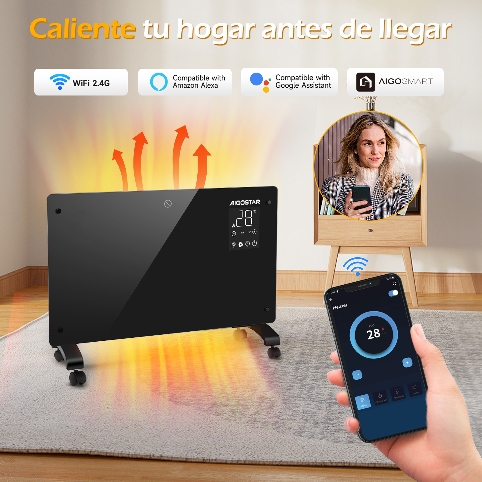 Calentador negro con un teléfono móvil. Texto: Calienta tu hogar antes de llegar.