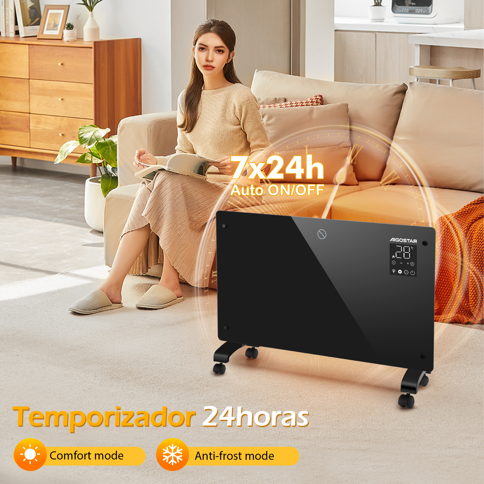 Un calefactor eléctrico negro con pantalla digital y una mujer leyendo un libro.