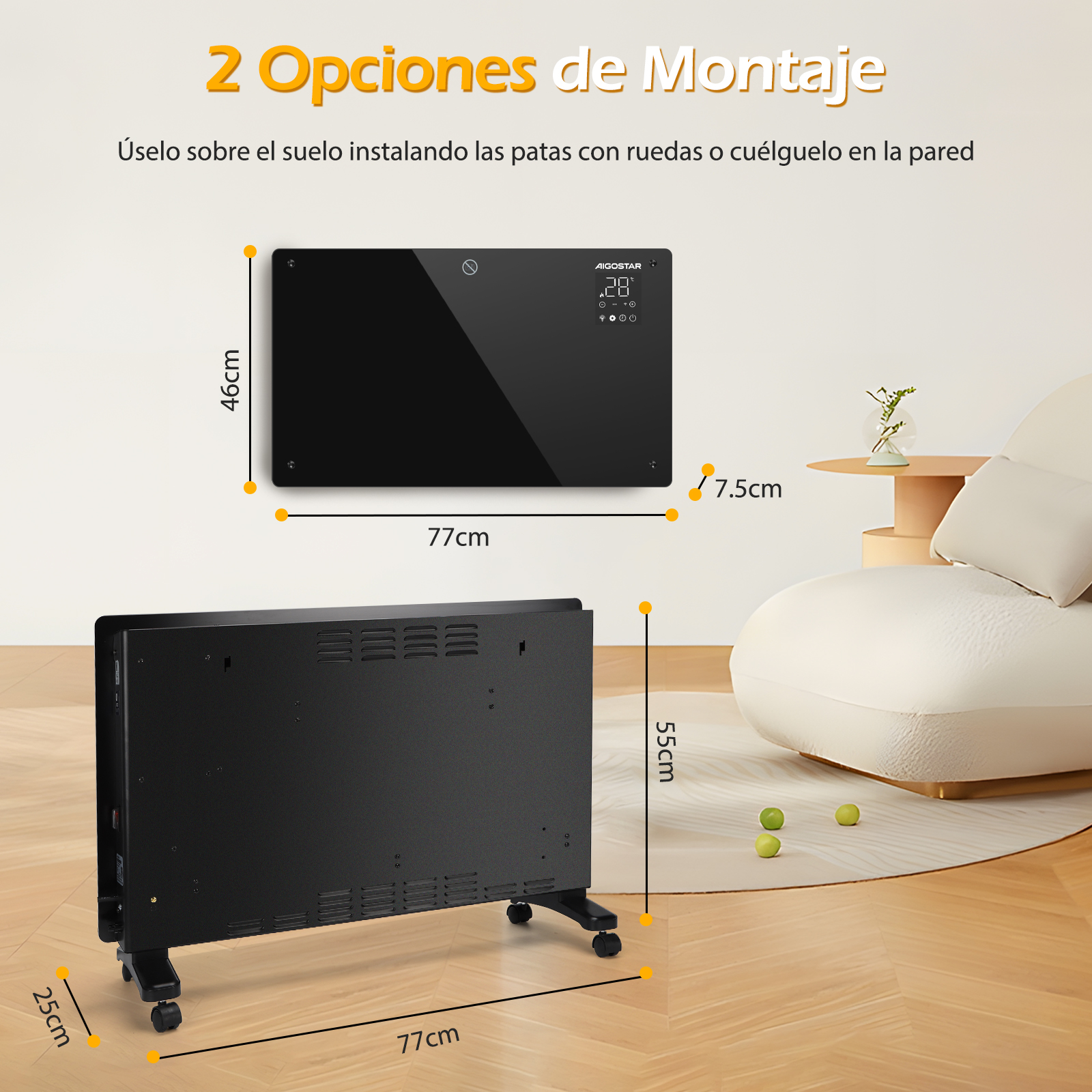 Un calentador eléctrico negro con pantalla. Se puede montar en la pared o usar con ruedas.