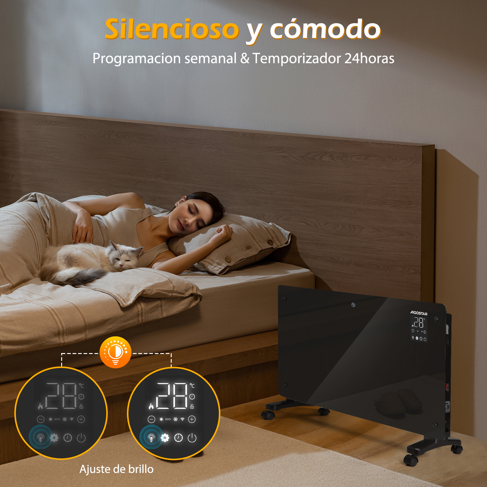 Mujer durmiendo con gato cerca de calefactor con pantalla digital. Entorno de dormitorio.