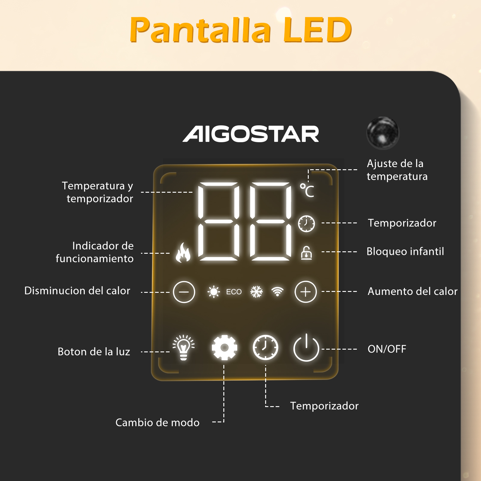 Panel de control negro con la marca AIGOSTAR. Muestra la temperatura, el temporizador y varios iconos de control en español.