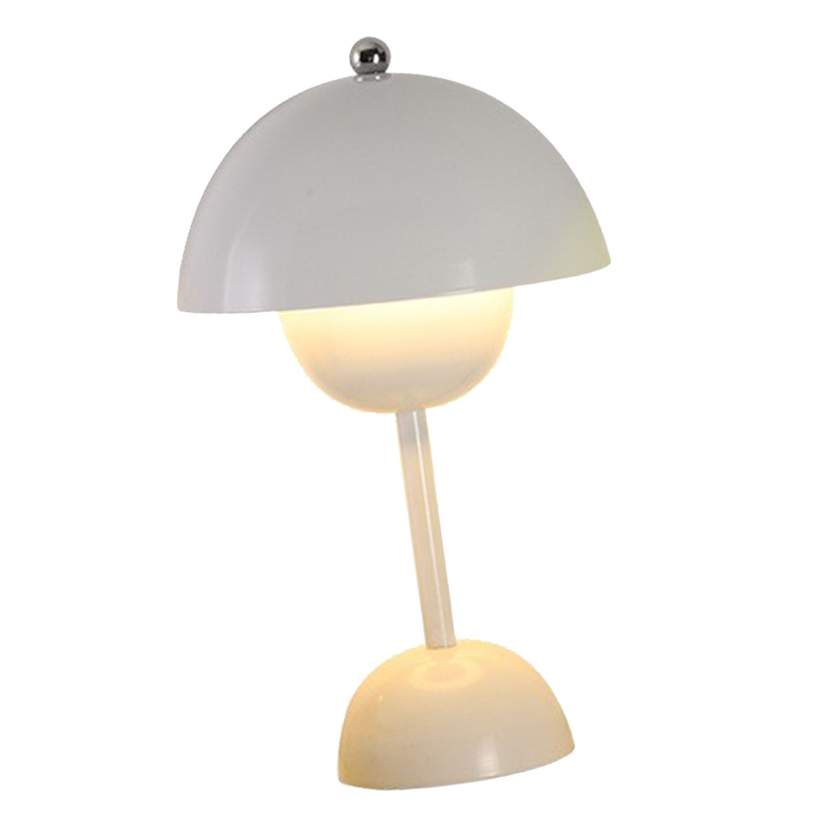 Eine weiße Lampe mit gebogenem Schirm. Die Lampe hat eine Glühbirne und einen Sockel.