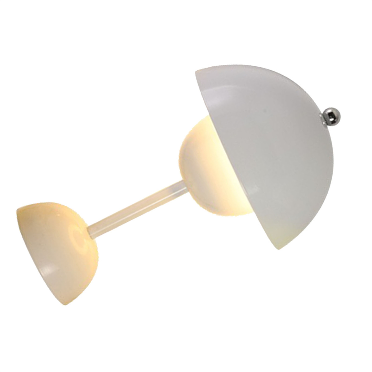 Eine weiße Schreibtischlampe mit einem Halbkreisschirm. Sie hat einen langen Hals und steht auf weißem Grund.