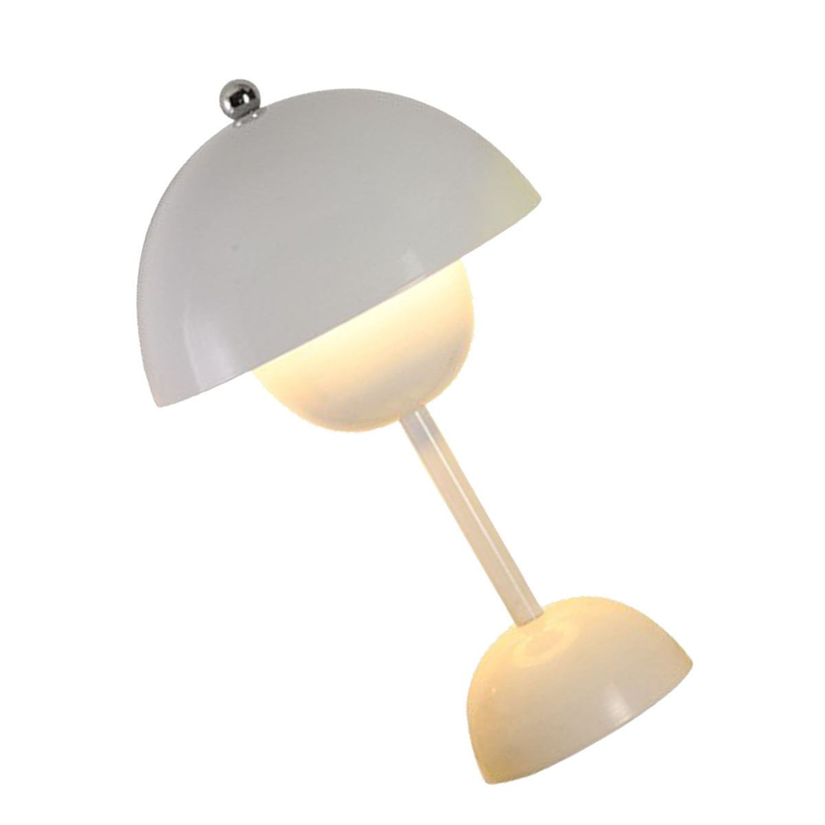 Weiße Lampe mit weißem Sockel und weißem Schirm. Die Lampe ist nach oben abgewinkelt und hat ein kleines Licht.